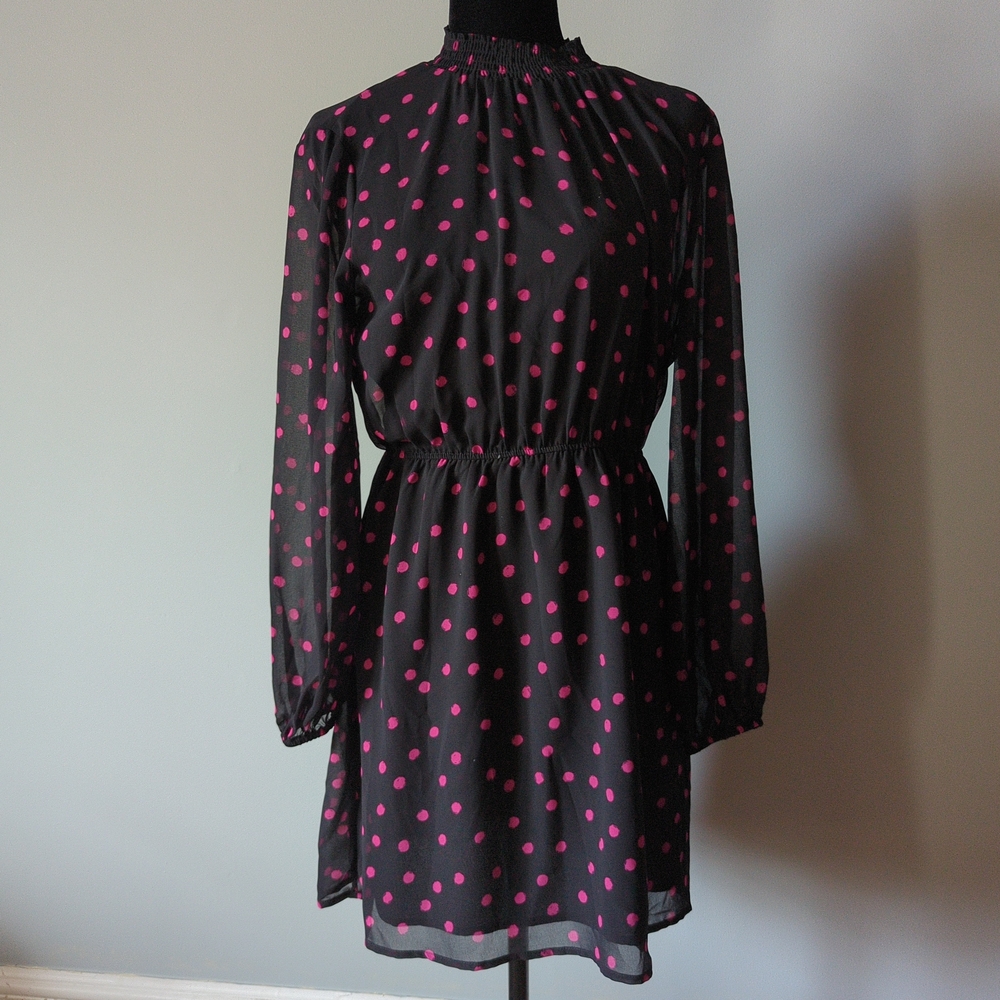 Dynamite Long Sleeve Dress in Black with Pink Dots